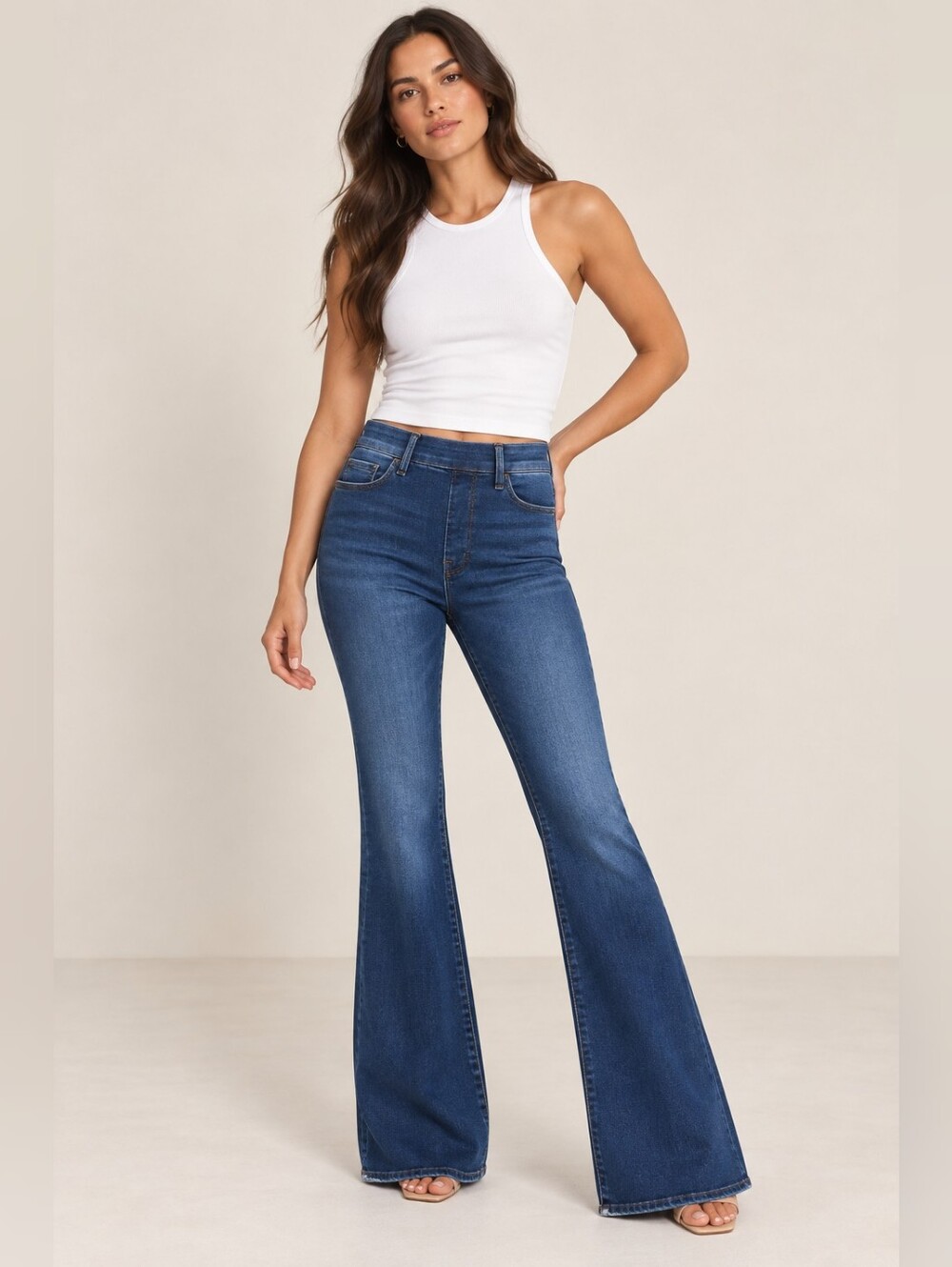 Good American Power Stretch Pull-On Flare Jeans Indigo Medium